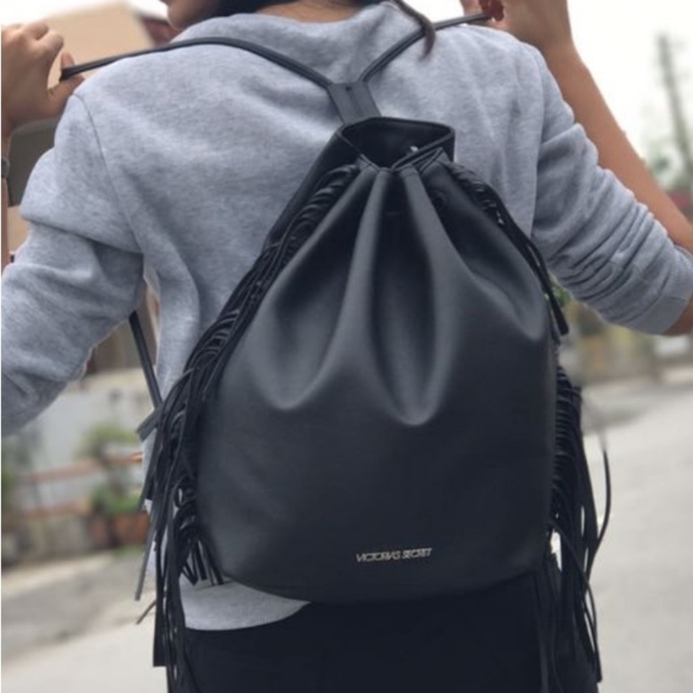 Victoria Secret Black faux Leather Fringe tassel backpack drawstring